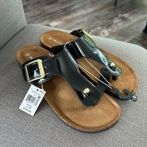 Black and Brown Sandals with Gold Buckle